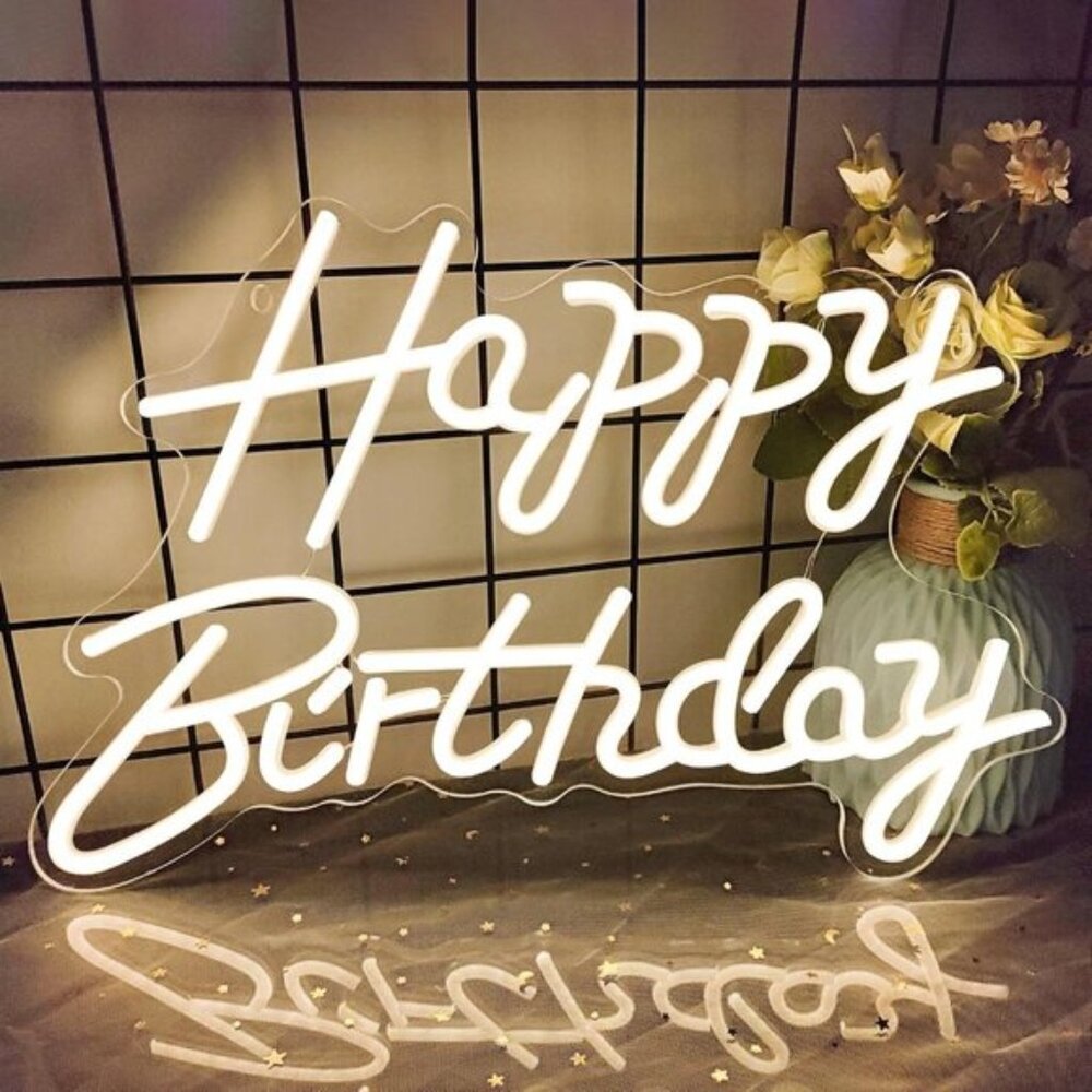Warm White Happy Birthday Neon Sign LED Light, Wall decor for Party & Backdrop